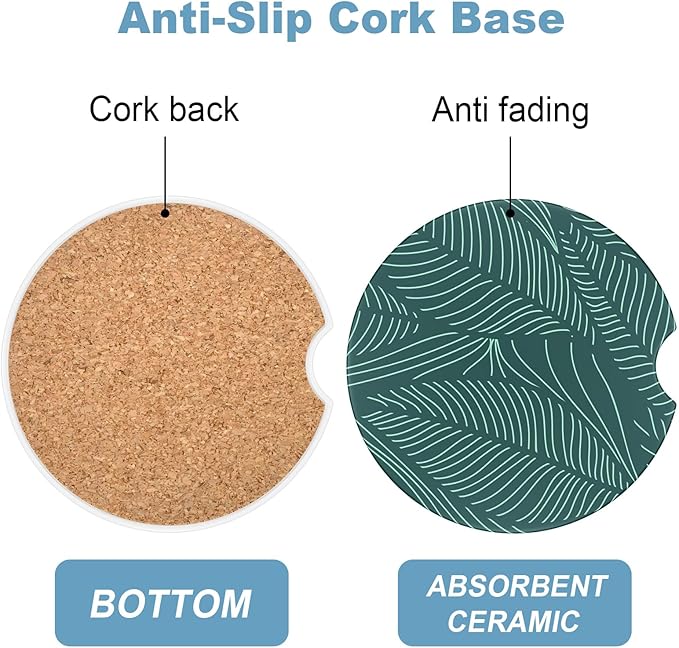 2 Pack Car Cup Holder Coasters, 2.63 inch Anti Slip Insert Absorbent Ceramic Coasters with Cork Base and Finger Notch, Cute Car Accessories Interior for Women