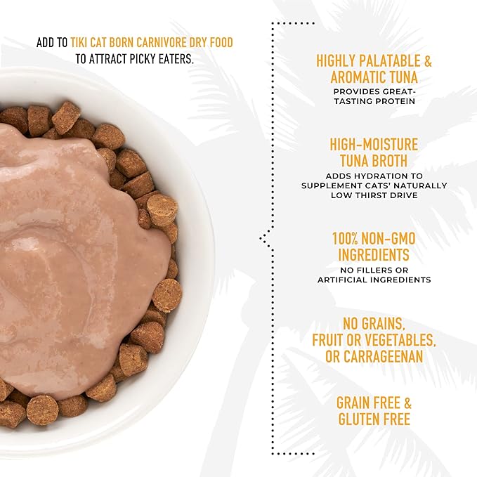 Tiki Cat Born Carnivore Functions Fussy, Tuna Recipe in Broth, Highly Palatable Formulated for Picky Eaters, Mousse Cat Food Topper, 1.5 oz. Pouch (12 Count)