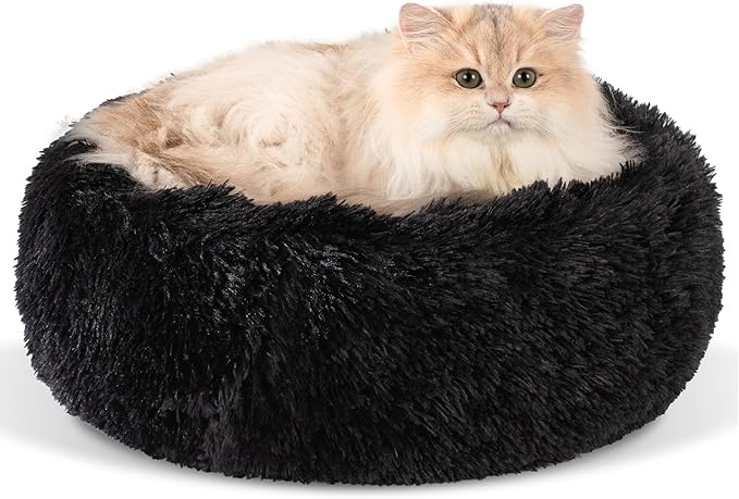 Dog Bed Calming Dog Beds for Small Medium Large Dogs - Round Donut Washable Puppy Dog Bed, Anti-Slip Faux Fur Fluffy Donut Cuddle Anxiety Cat Pet Bed(16'' Black)