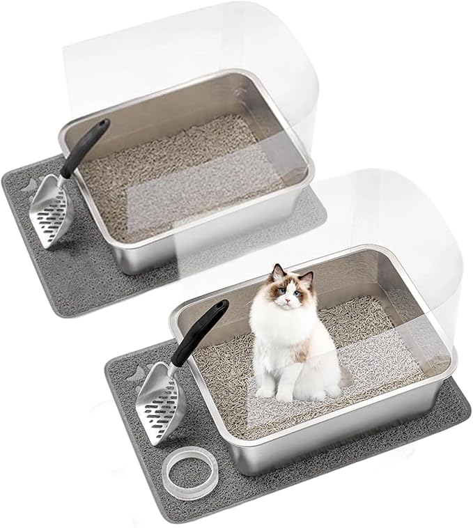 2 Sets Stainless Steel Cat Litter Box with High Sides Cat Litter Tray, Metal Cat Litter Pans with Plastic Shield Easy to Clean Cat Litter Scoops Cat Litter Mats 17.7x13.8x5.9inch