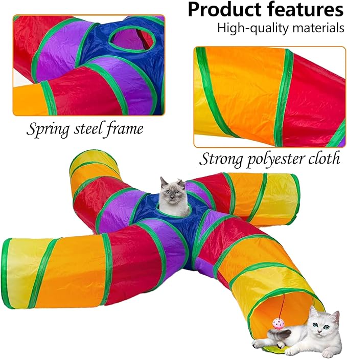 EGETOTA Cat Tunnel for Indoor Cats Large, with Play Ball S-Shape 4 Way Collapsible Interactive Peek Hole Pet Tube Toys, Puppy, Kitty, Kitten, Rabbit (S4 - Multicolor)