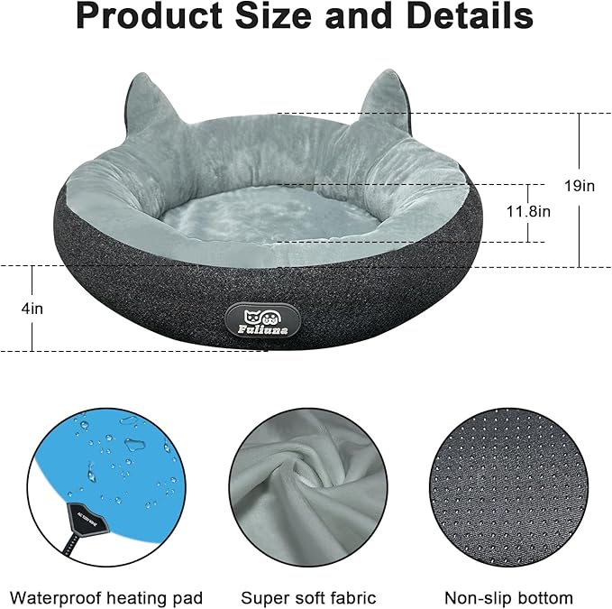 Heated Cat Bed for Indoor Cats, Round Indoor Heated Pet Bed with Timer & Temp Adjustable, 19" Donut Cat Heated Bed Cozy Electric Pet Heating Pad with Chew Resistant Cord for Kitten Cat.