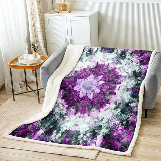 Tie Dye Sherpa Blanket Paisley Fleece Throw Blanket Boho Psychedelic Swirl Plush Blanket for Sofa Couch Bed Room Decor Bohemian Gypsy Chic Hippie Mandala White Purple Fuzzy Blanket Queen 90x90 Inch