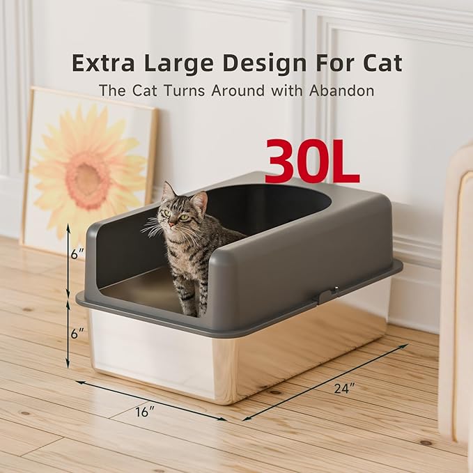 High-Sided Stainless Steel Cat Litter Box,Stainless Steel Litter Box with Lid,Extra Large Litter Box,Easy-to-Clean Metal Litter Pan for Cats (24''L X 16''W X 12''H with Enclosure)