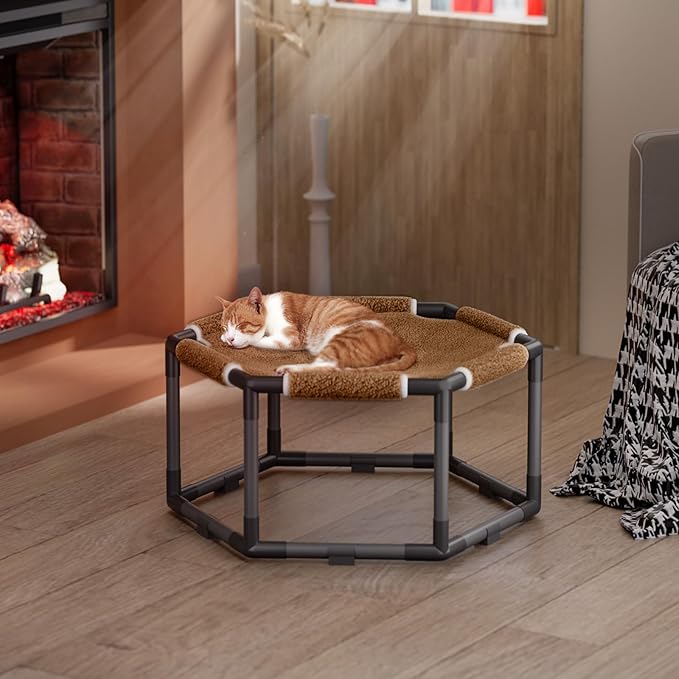 Tresbro Cat Bed, Hexagon Warm Elevated Cat Bed with Thick Teddy Velvet & Anti-Slip Pads, Raised Cat Hammock Bed for Indoor and Outdoor Use, 23.6'' x 10.6'' x 12'' Cat Hammock for Large to Small Cats