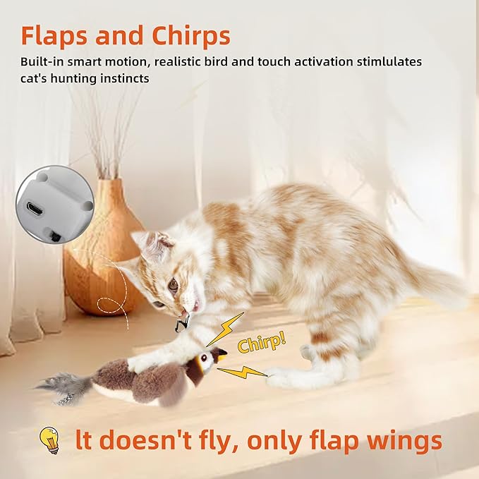 Flapping Bird Cat Toy, Rechargeable Lifelike Interactive Bird Cat Toys for Indoor Cats, Flapping Wings & Lively Chirping, Automatic Catnip Toys for Kitten Self Play Touch Activated (Sparrow)