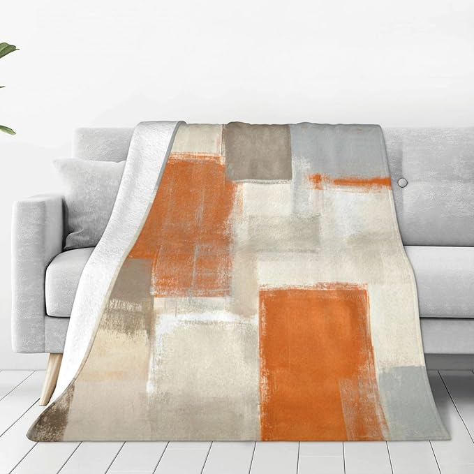 Orange Grey Abstract Art Painting Throw Blanket Soft Cozy Plush Warm Fleece Blanket for Sofa Couch Bed 80"X60"