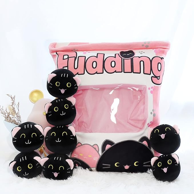 Plush Black Cat Pillow, 8 Cute Removable Stuffed Animals, Kids Sofa Chair Decorative Gift (Pink)