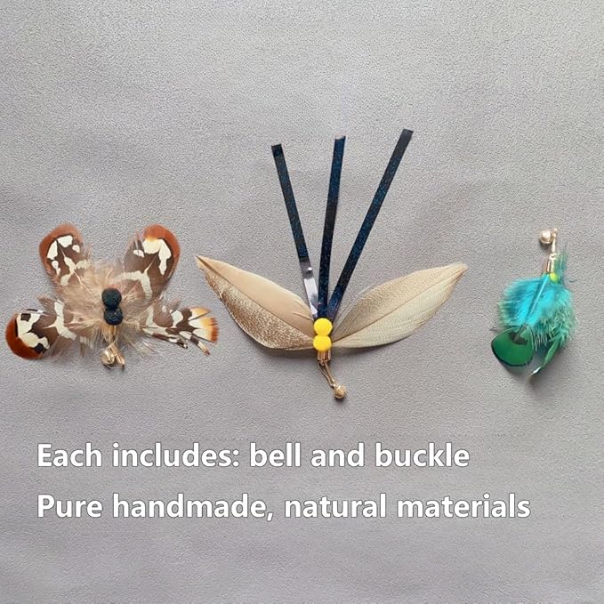 Cat Feather Toy Wand,Cat Wand Toy Lures Feather Refills,Set of 8 Insect Replacement Heads with Bells,Natural Feather Interactive Cat Toys for Indoor Cats (8pcs Refills)