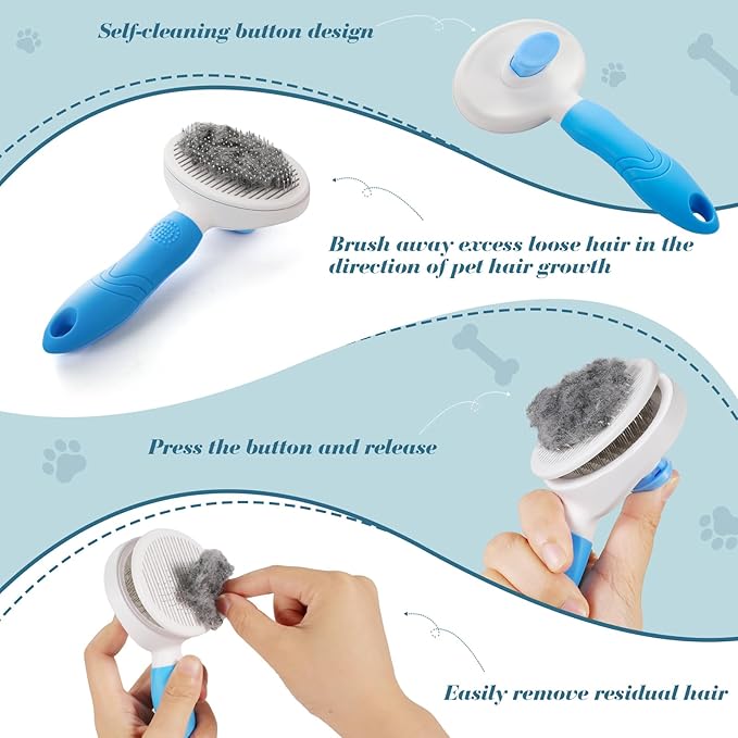 Brush for cats & dogs,self-cleaning pet brush,cat brush&dog brush, small dog brush,Pet Hair Grooming,Easy removes loose undercoat, fine needle (blue)