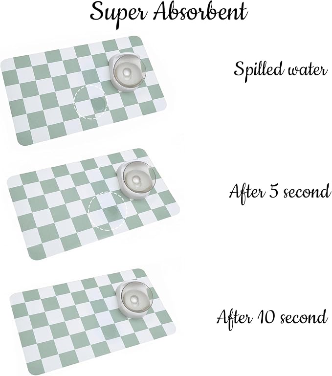 Ralxion Checkered Dog Feeding Mat, Absorbent Mats for Dog Food and Water Bowl, Dispenser, Retro Modern Aesthetic Sage Green Checkerboard Pet Placemat for Dogs, Cats, Puppy Accessories, 12" X19”