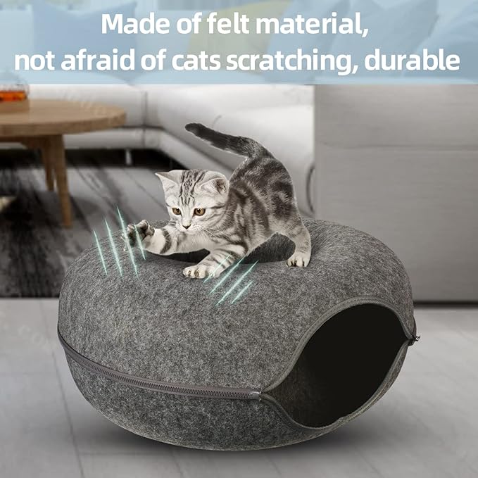 Cat Tunnel Bed, Cat Tunnels for Indoor Cats Large, Peekaboo Cat Cave, Cat Hideaway Folded Cat Donut Tunnel, Detachable Round Felt & Washable Interior Cat House (24 in * 24 in* 11 in Large) Dark Gray