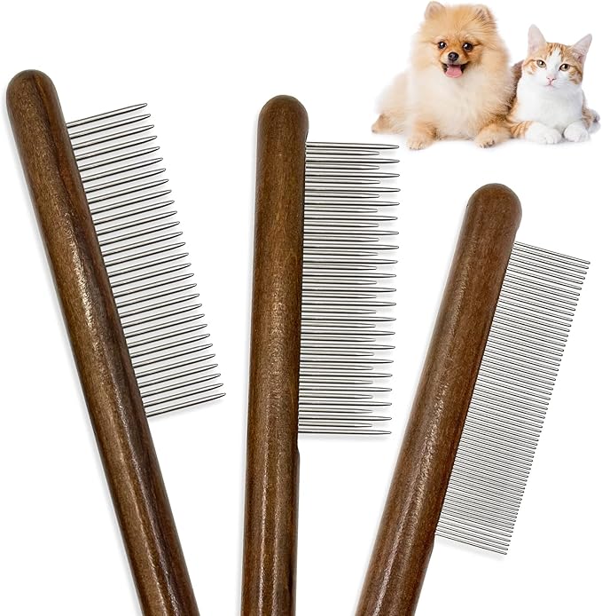 3 Pack Solid Wood Cat Combs, Stainless Steel Teeth for Cat Dog Rabbit Massage, Flea Lice Comb Removes Mats, Tangles and Loose Fur, Grooming Comb for Small Medium Pets