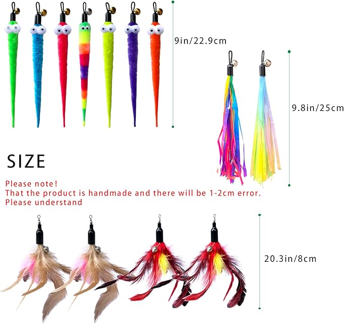 Cat Feather Toys Replacement Cat Wand Refills,，Interactive Cat Wand Toy Replacement,Cat Worms Refill,Cat Wand Toy Assorted Teaser Refills (13Pcs)