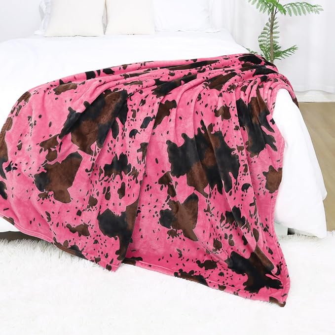 Hot Pink Cow Blanket Flannel Fleece Throw Blanket Soft Cozy Black Cow Print Blankets for Bed Couch Sofa 60 x 80 inch