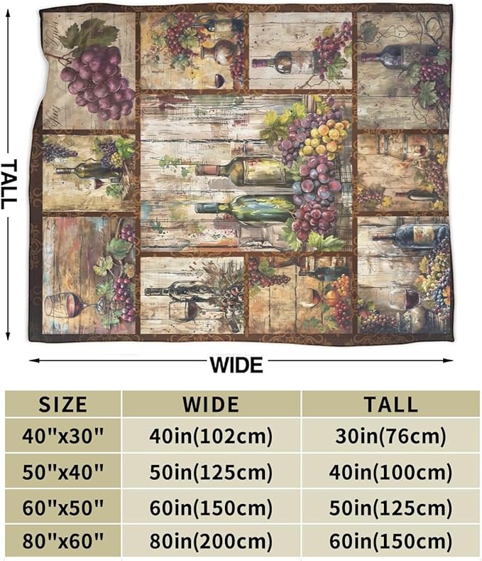 Wine Blanket Retro Wine Throw Blanket Wine Grape Stuff Merch Cozy Print Flannel Fleece Soft Plush Fuzzy Warm Lightweight Bedding Wine Gifts for Dad Women Girls Men 50"X40"