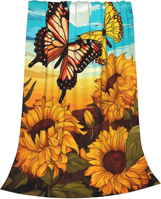 Butterfly Sunflower Blanket Gifts for Grils Women Sunshine Floral Flannel Throw Blankets for Home Couch Bed Sofa Soft Fuzzy Lightweight Decor All Season 60x50 Inches
