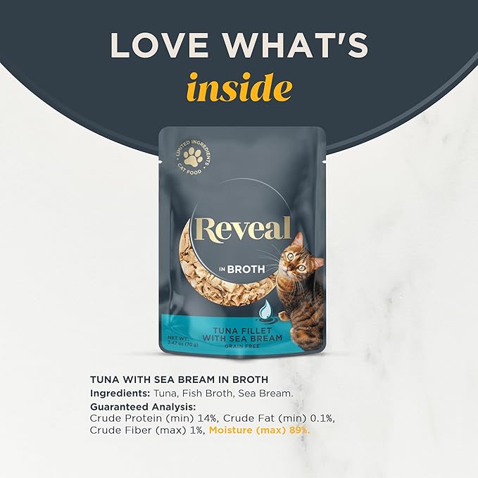 Reveal Natural Wet Cat Food, 12 Count, Grain Free, Limited Ingredient Cat Food Pouches, Tuna with Sea Bream in Broth, 2.47 oz Pouches
