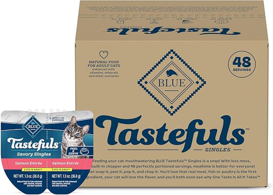 Blue Buffalo Tastefuls Savory Singles Natural Wet Cat Food in Gravy, 2.6-oz. Twin-Pack Tray, Salmon Entreé (24 Count)