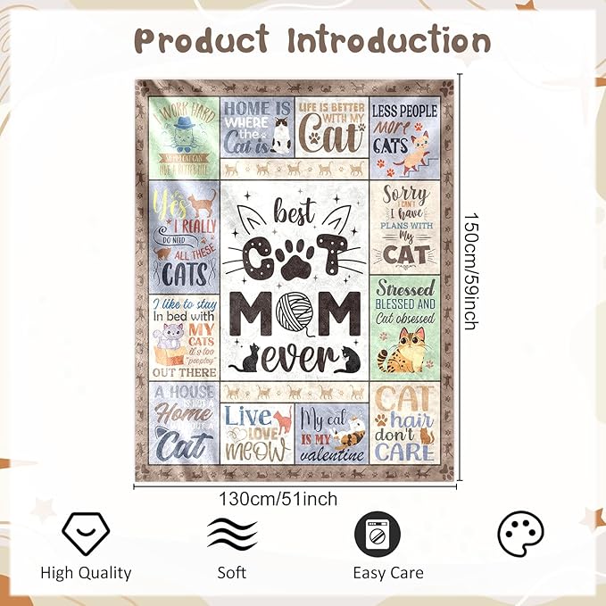 Cat Mom Throw Blanket - Cats Mom Gifts for Cats Lovers Cat Mom Ever Throw Blanket Soft Flannel Blanket Gift for Women Pets Lover Gifts for Cats Owners Mother Chair Sofa Bed Home Decor 60x50