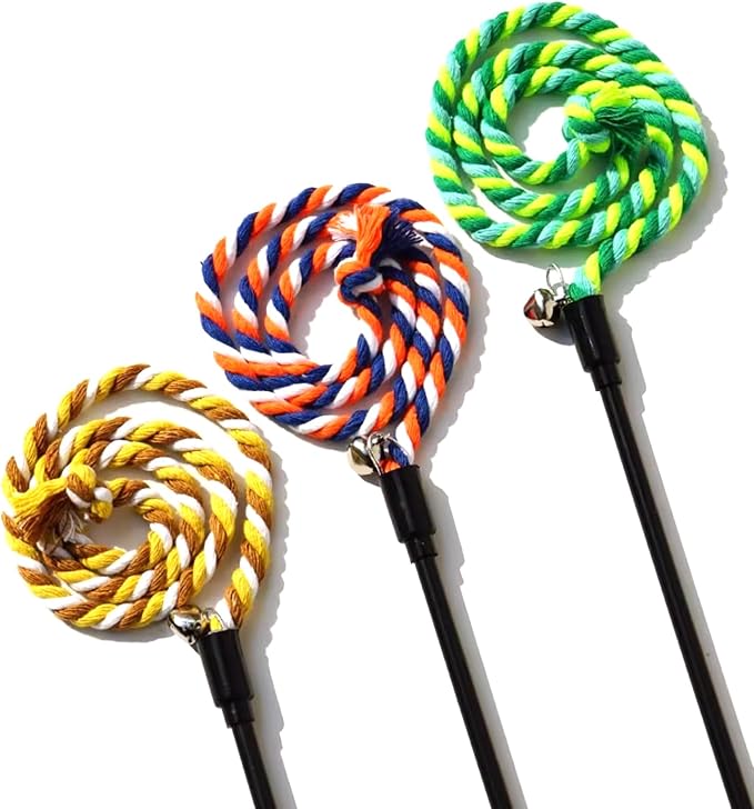 IUHKBH Cat Wands, 3 PCS Colorful Rope Cat Toys Interactive Cat Teaser Wands with Bell for All Breed Sizes