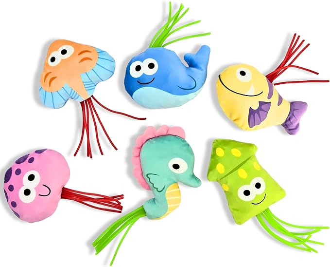Interactive Catnip Toys for Indoor Cats Set of 6 Soft and Durable Stuffed Sea Animal Plush Toys, Crinkle Sound Cat Kicker Toys, Perfect for Promoting Kitten Exercise and Ideal Gifts for Cat Lovers