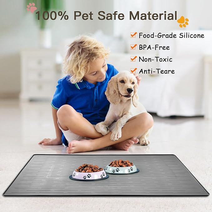 Large Dog Food Mat, Silicone Dog and Cat Mat for Food and Water Bowls, Waterproof Pet Feeding Mat for Contain Spills Protects Floors, Multiple Colors & Sizes for Pets (32"x24", Dark Gray)