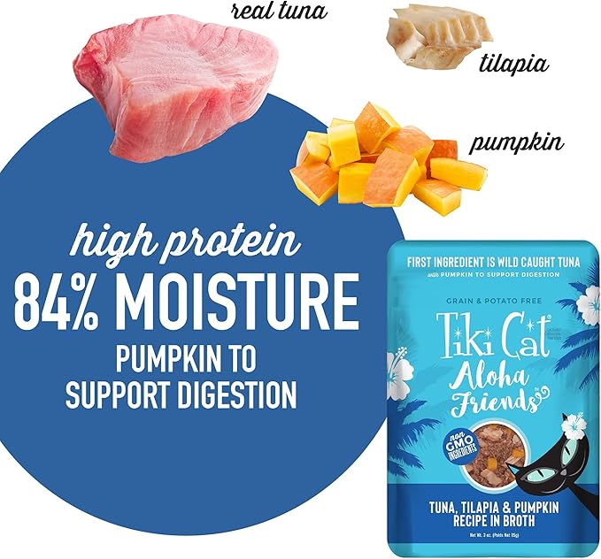 Tiki Cat Aloha Friends, Tuna, Tilapia & Pumpkin, Grain-Free & High Moisture, Wet Cat Food for All Life Stages 3 oz. Pouch (Pack of 12)
