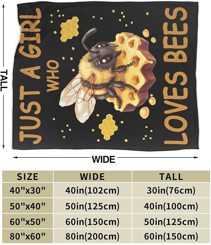 Bees Throw Blanket - Just A Girl Who Loves Bees Decor Stuff Merch Cozy Print Flannel Fleece Soft Plush Fuzzy Warm Lightweight Bedding Gifts for Women Men Kids 50"X40"
