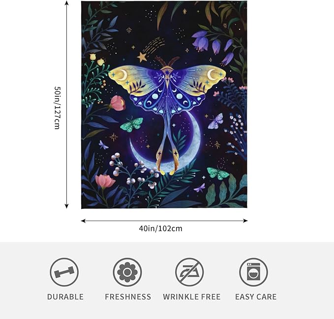 Moon Moth Throw Blanket Soft Cozy Lightweight Blanket for Couch, Bed, Sofa - Moth Pattern Decorative Plush Flannel Blanket for Women, Men, Kids 50"x40"