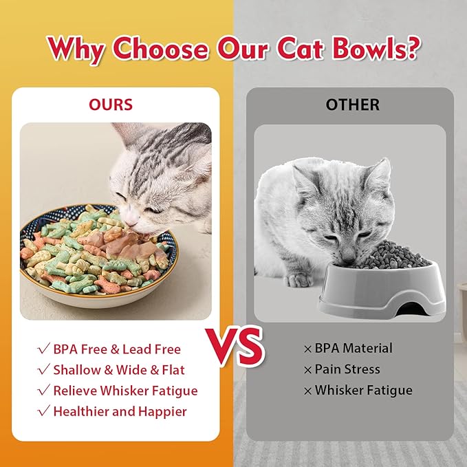 5.5 inch Wide Shallow Cat Food Bowl Set for Relief Whisker Fatigue -Ceramic - 6 Colorful Cute Small Flat Kitten Feeding Dish/ Dishes - Microwave and Dishwasher Safe - 8 oz