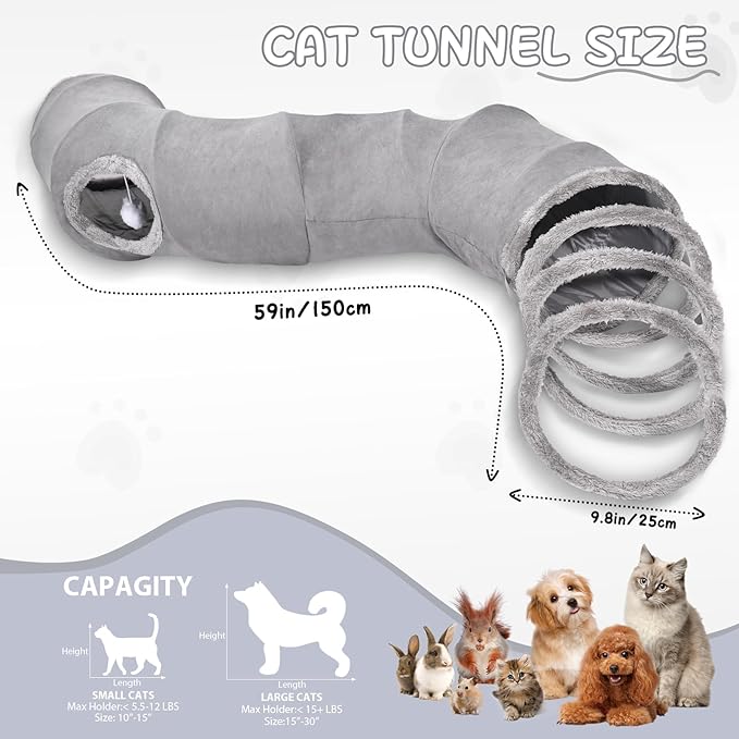 S-2-Way Cat Tunnel for Indoor Cats - 59x10Inches,Collapsible Cat Play Tunnel, Interactive Toy with 2 Hidden-Exits&Hanging Balls, Cat Spiral Tunnel for Cats, Puppy, Kitty, Kitten, Rabbit (Gray)