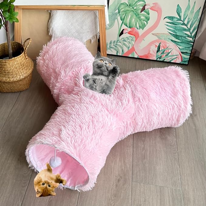Cat Tunnel Tube Toys, Tunnels for Indoor Cats Soft Warm Pink Plush, 3 Way Collapsible Interactive Toy Maze House with Peek Hole Dangling Ball for Rabbit, Puppy, Kitty, Kittens