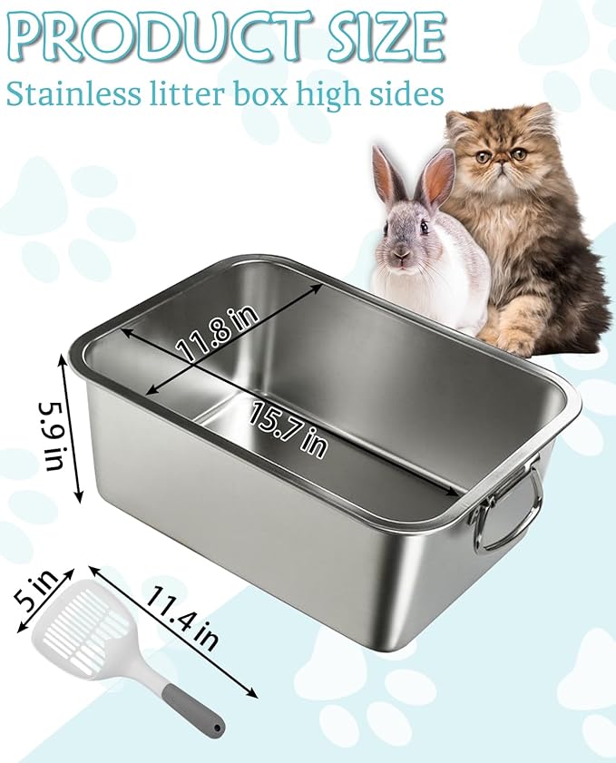 BNOSDM Stainless Steel Litter Box Small with Handles (16" x 12" x 6") Metal Cat Litter Pan High Sided Cat Toilet with Litter Sifting Scoop for Rabbits Kittens