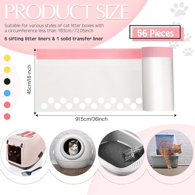 56 Count Sifting Cat Litter Bags Jumbo Thick Cat Litter Box Liners with Holes Disposable Extra Large Cat Pan Liners with Drawstring Scratch Resistant Quick Clean for Kitty Litter Box,36 x 18 Inch