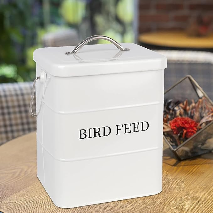 DEAYOU Metal Bird Seed Container with Scoop, Treats Storage Bin, Coated Carbon Steel, Tight Fitting Lid, White