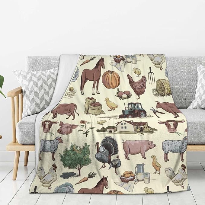 Farm Animal Blanket Throw 80"x60", Plush Flannel Cow Chicken Horse Pig Sheep Blanket, Soft Warm Decorative for Kids Women Adults