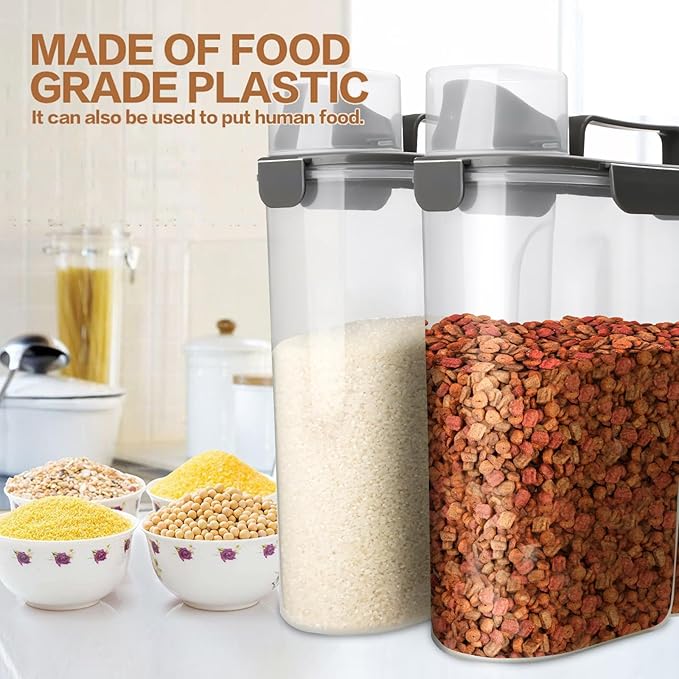 Dog Food Storage Container, 5-7 Lbs Airtight Pet Food Container, Cat Food Container Dispenser Plastic Bin with Pouring Spout, Portable Handle and a Collapsible bowl for Dogs Cats Grey/6Qt