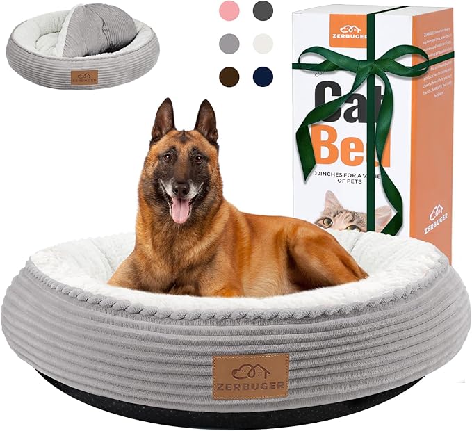 30in Round Cat Dog Bed for Large Medium Small Dogs Cats, Machine Washable Sleeping Sofa, Non-Slip Bottom Breathable Soft Calming Pet Cuddler for Indoor/Outdoor/Car/Cage, Light Grey