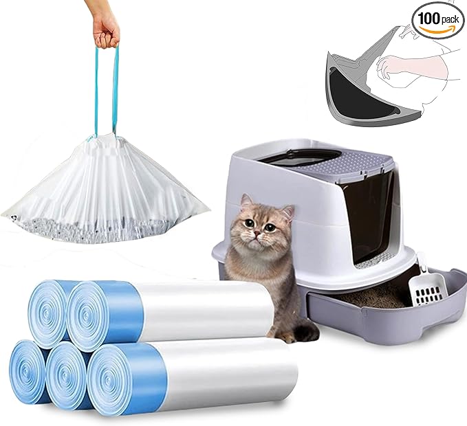 100 Counts, Drawstring Cat Litter Box Liners 19.5 Inches X 22 Inches, 2 Mils Thickness, Compatible with Litter Robot 4 and 3, Extra Thick Waste Bags 9-11 Gallon Capacity