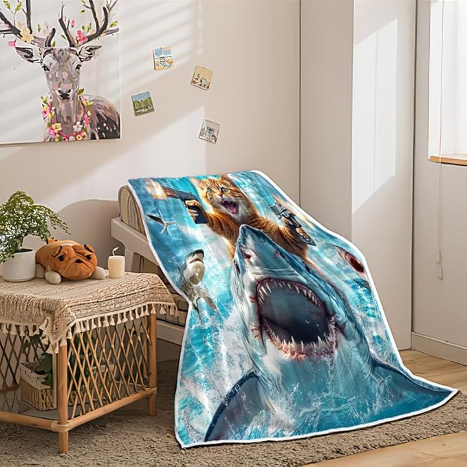 Cute Cat Throw for Kids, Cool Kitty Riding Shark on Blue Grey Ocean Fleece Throw Blanket Cozy Soft Lightweight Couch Sofa Bed,Blue Blankets Bedding Gifts for Girls Boys Teens Cute Throw Blanket