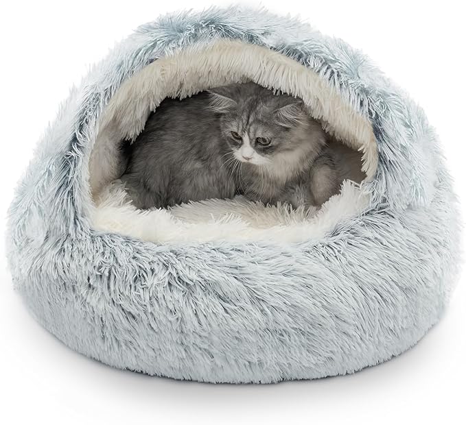 CATISM Cat Bed, Plush Hooded Cat Beds for Indoor Cats, Calming Cat Nest, Self Warming Cat Bed Cave, Cozy Cat Pod for Indoor Cat or Small Dog, Removable Washable Cat Cove with Non-Slip Bottom