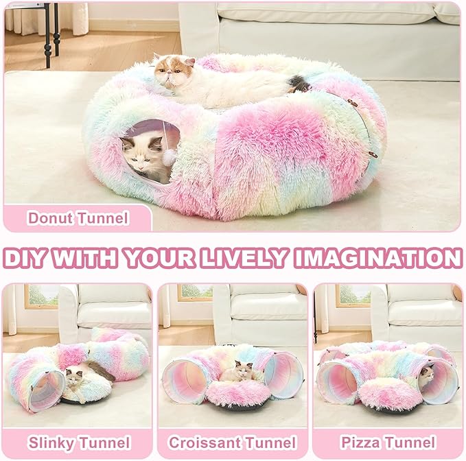 JIUPETY Cat Tunnel Bed with Soft Plush Mat, Collapsible Tube Playground, Cat Toy Tunnel for Indoor Cats, Kitten, Rabbit, Ferret, Fluffy Plush Material, Includes Dangling Balls, Rainbow