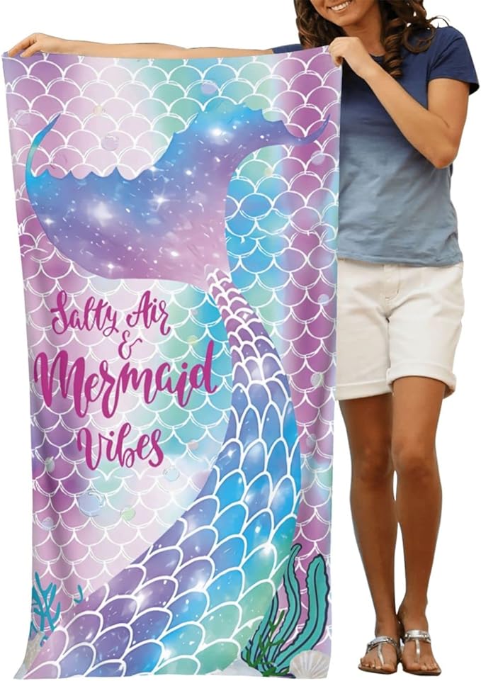 Mermaid Microfiber Beach Towels for Girls/Kids Personalized Beach Towels for Toddler/Baby, Cute Beach Towel, Thin Quick Dry Pool Towel 30"x 60"