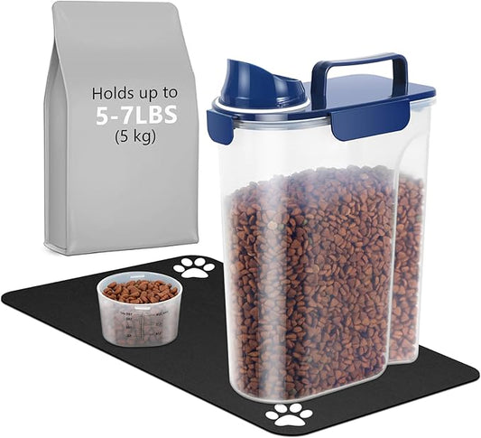 5-7Lbs Portable Airtight Dog Cat Food Container, match pet feeding mat Clean and convenient, making food less messy,translucent Storage Bin for Small Animal Kibble,Bird Seed,Oatmeal,Rice-Royal Blue