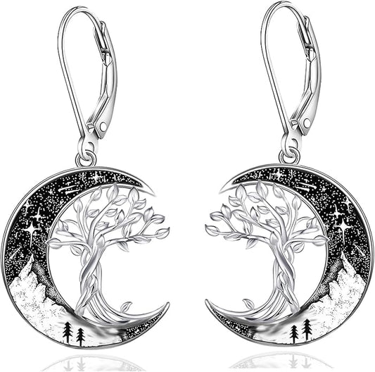 Black Cat/Bat/Spider/Pumpkin/Wolf/Bunny/Sun and Moon/Turtle/Raven 925 Sterling Silver Leverback Dangle Earrings Moon Gothic Christmas Earrings Jewelry Gift for Women