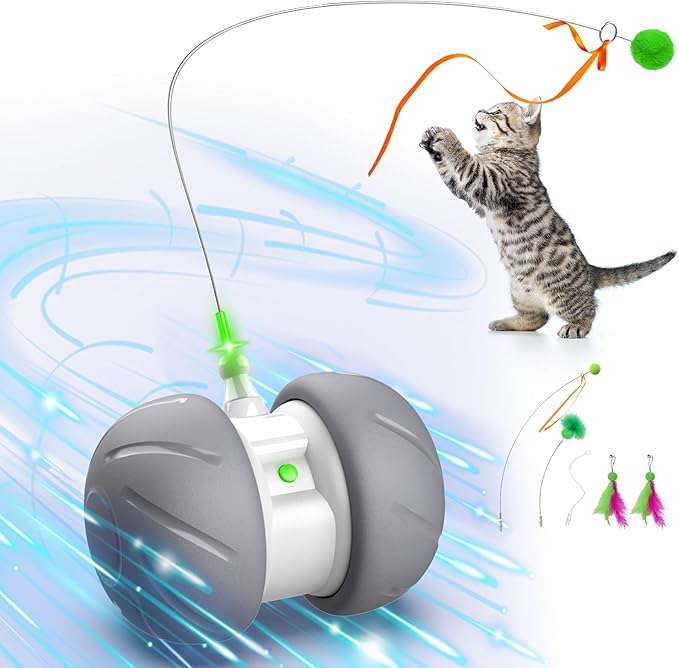 Interactive Cat Toys Fast Rolling Power Ball with Extra Long Feather Wand, Motion Activated Cat Toys