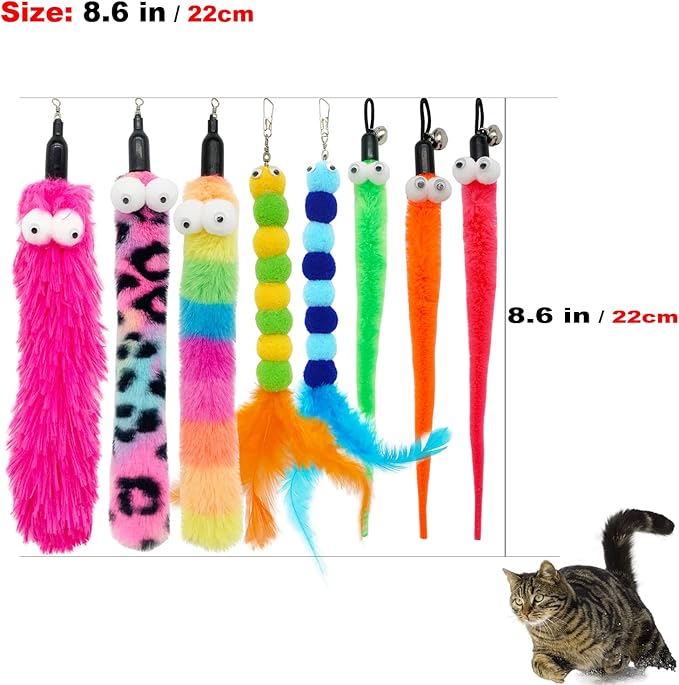 Cat Wand Toy Cat Feather Toys, 1 PCS Elasticity Cat Toy Wand and 8 PCS Cat Worm Toy Refills, Interactive Cat Teaser Wand Toy for Indoor Cats Play Exercise