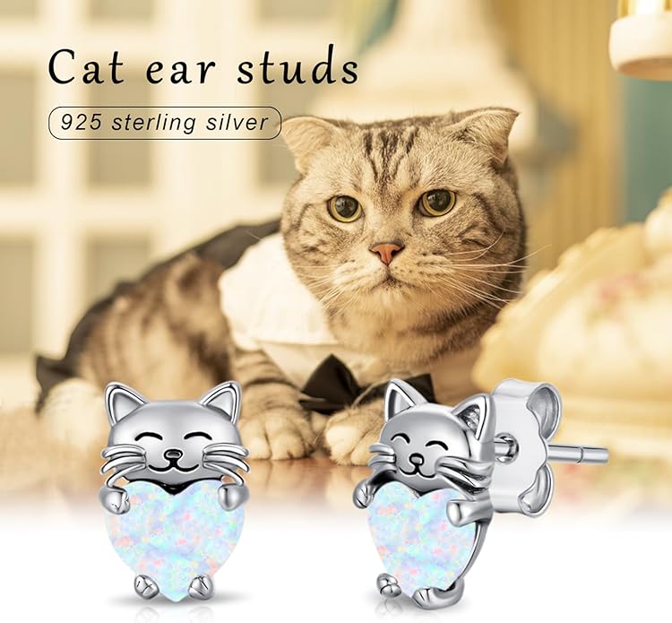 925 Sterling Silver Cat Earrings Cute Animal Kitten Stud Earrings cat Jewelry Gifts for Women Girls Hypoallergenic Earrings for Sensitive Ears