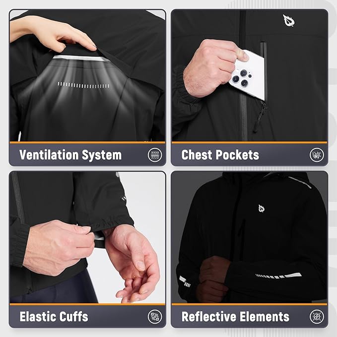 baleaf Men's Rain Jacket Waterproof Windbreaker Running Cycling Golf Hiking Gear Hood Lightweight Reflective Packable